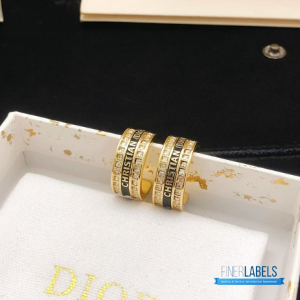 Christian Dior Night Code Hoop Earrings One Size (Gold-Finish Metal, Black Lacquer & White Crystals)