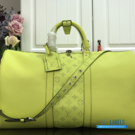 LV Keepall Bandoulière 50 (Neon Yellow Taigarama Leather and Monogram Canvas)