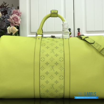 LV Keepall Bandoulière 50 (Neon Yellow Taigarama Leather and Monogram Canvas)
