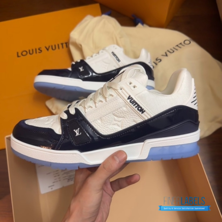 LV Trainer Sneaker (White & Marine Blue Monogram Grained Calfskin & Patent Leather)