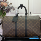 LV Keepall Bandoulière 45 (Brown Monogram Macassar Canvas & Black Leather)