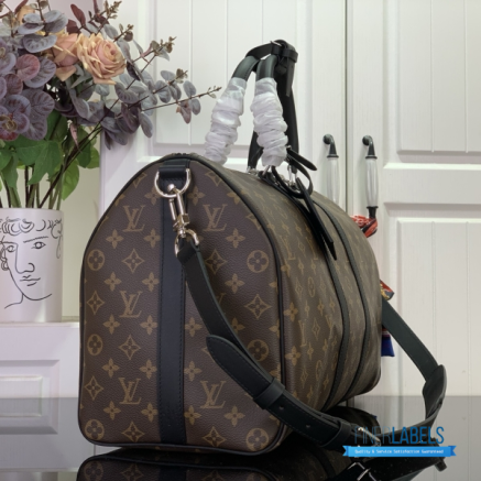LV Keepall Bandoulière 45 (Brown Monogram Macassar Canvas & Black Leather)