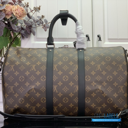 LV Keepall Bandoulière 45 (Brown Monogram Macassar Canvas & Black Leather)