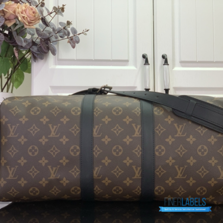 LV Keepall Bandoulière 45 (Brown Monogram Macassar Canvas & Black Leather)