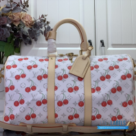 LV x Takashi Murakami Keepall Bandoulière 45 (White Monogram Cerises Coated Canvas)