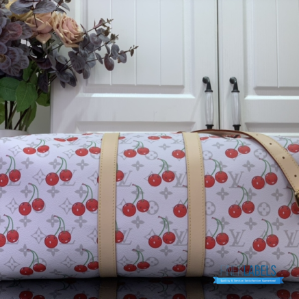 LV x Takashi Murakami Keepall Bandoulière 45 (White Monogram Cerises Coated Canvas)