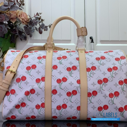 LV x Takashi Murakami Keepall Bandoulière 45 (White Monogram Cerises Coated Canvas)