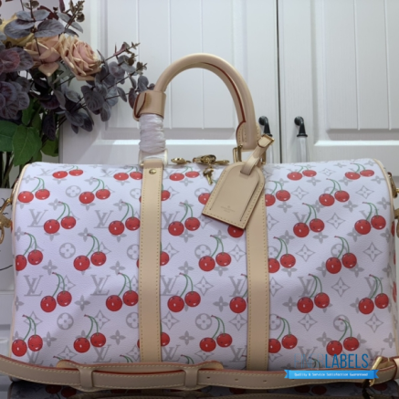 LV x Takashi Murakami Keepall Bandoulière 45 (White Monogram Cerises Coated Canvas)