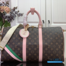 LV Keepall Bandoulière 45 (Brown Monogram Canvas with Pink Leather Trim)