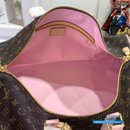 LV Keepall Bandoulière 45 (Brown Monogram Canvas with Pink Leather Trim)