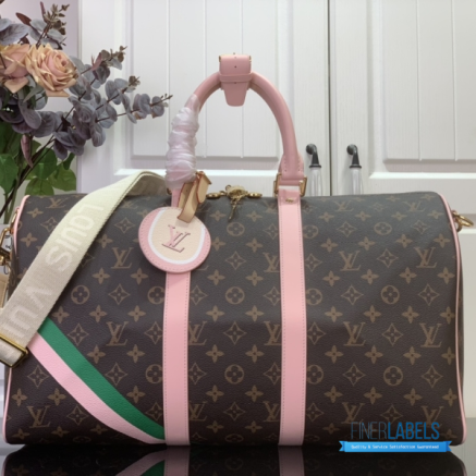 LV Keepall Bandoulière 45 (Brown Monogram Canvas with Pink Leather Trim)