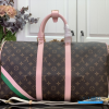 LV Keepall Bandoulière 45 (Brown Monogram Canvas with Pink Leather Trim)