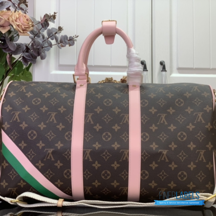 LV Keepall Bandoulière 45 (Brown Monogram Canvas with Pink Leather Trim)