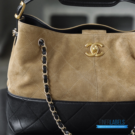 Chanel Small Shopping Bag (Beige & Black Suede Calfskin & Shiny Lambskin)