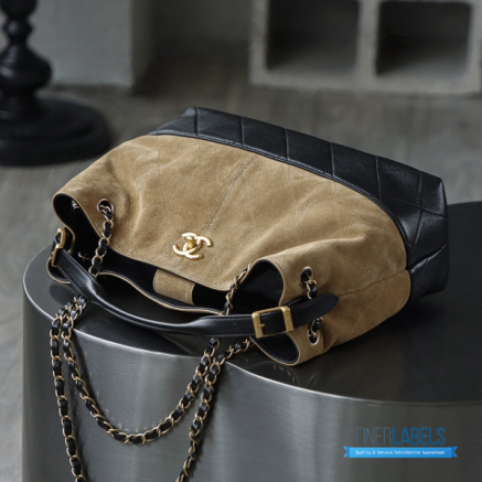Chanel Small Shopping Bag (Beige & Black Suede Calfskin & Shiny Lambskin)
