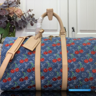 LV x Takashi Murakami Keepall Bandoulière 45 (Blue Monogram Cherry Denim)