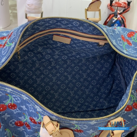 LV x Takashi Murakami Keepall Bandoulière 45 (Blue Monogram Cherry Denim)