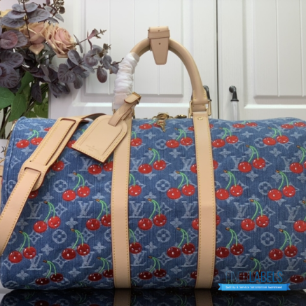 LV x Takashi Murakami Keepall Bandoulière 45 (Blue Monogram Cherry Denim)