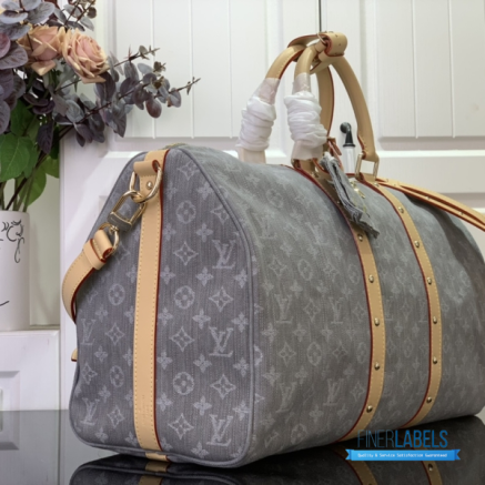 LV Monogram Denim Studded Keepall Bandoulière 45 (Cloudy Grey Monogram Denim)