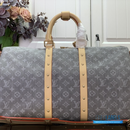 LV Monogram Denim Studded Keepall Bandoulière 45 (Cloudy Grey Monogram Denim)