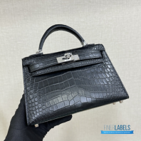 Hermès Mini Kelly II 20 Sellier (Noir Black Matte Mississippiensis Alligator Leather)