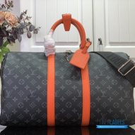 Louis Vuitton Keepall Bandoulière 45 (Monogram Eclipse Canvas / Sunrise Orange Leather)