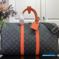Louis Vuitton Keepall Bandoulière 45 (Monogram Eclipse Canvas / Sunrise Orange Leather)