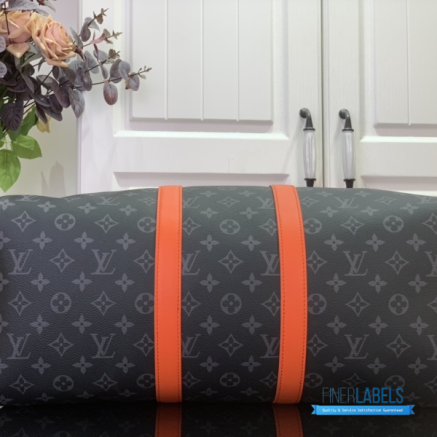 Louis Vuitton Keepall Bandoulière 45 (Monogram Eclipse Canvas / Sunrise Orange Leather)