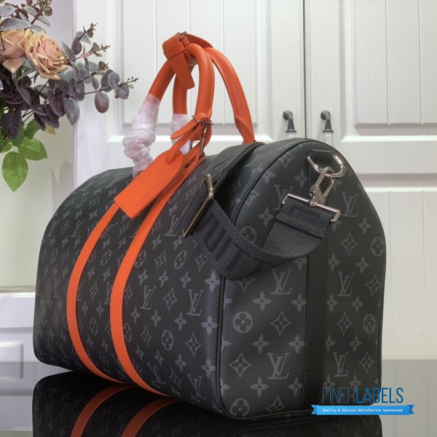 Louis Vuitton Keepall Bandoulière 45 (Monogram Eclipse Canvas / Sunrise Orange Leather)