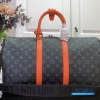 Louis Vuitton Keepall Bandoulière 45 (Monogram Eclipse Canvas / Sunrise Orange Leather)