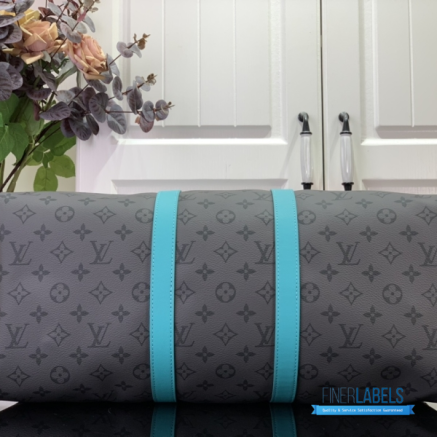 LV Keepall Bandoulière 45 (Monogram Eclipse Reverse Canvas / Turquoise Blue Leather)