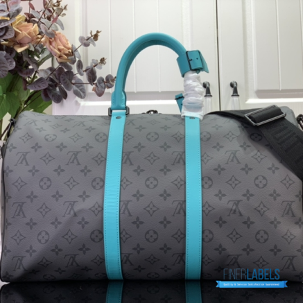 LV Keepall Bandoulière 45 (Monogram Eclipse Reverse Canvas / Turquoise Blue Leather)