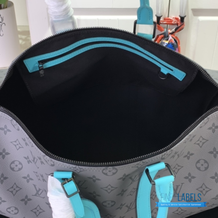 LV Keepall Bandoulière 45 (Monogram Eclipse Reverse Canvas / Turquoise Blue Leather)
