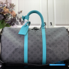 LV Keepall Bandoulière 45 (Monogram Eclipse Reverse Canvas / Turquoise Blue Leather)