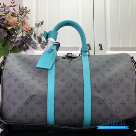 LV Keepall Bandoulière 45 (Monogram Eclipse Reverse Canvas / Turquoise Blue Leather)