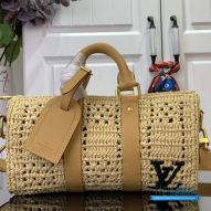 LV Keepall Bandoulière 25 (Natural Beige Damier Crochet Raffia & Vachetta Leather)