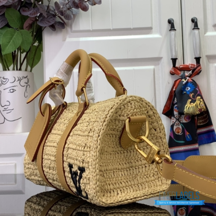 LV Keepall Bandoulière 25 (Natural Beige Damier Crochet Raffia & Vachetta Leather)