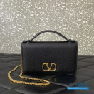 Valentino Garavani VLogo Signature Wallet With Chain (Black Grainy Calfskin)