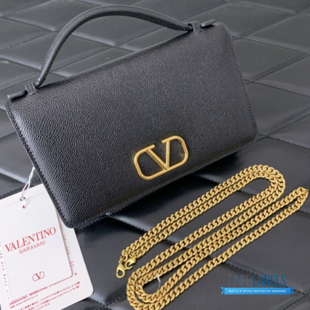 Valentino Garavani VLogo Signature Wallet With Chain (Black Grainy Calfskin)