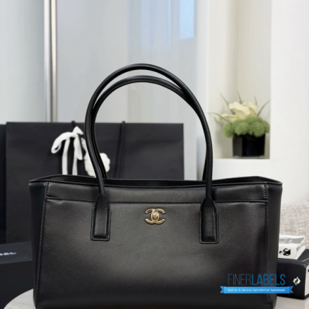 CHANEL Small Shopping Bag  (Black Smooth Calfskin & Gold-Tone Metal)