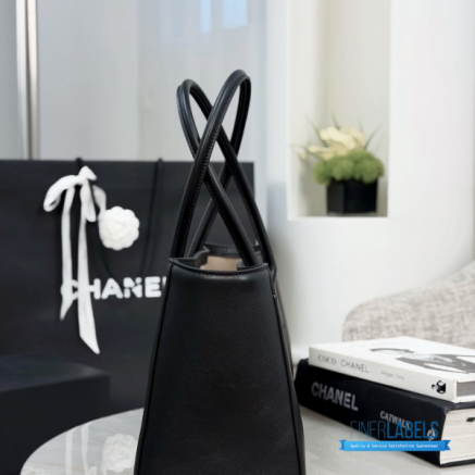 CHANEL Small Shopping Bag  (Black Smooth Calfskin & Gold-Tone Metal)