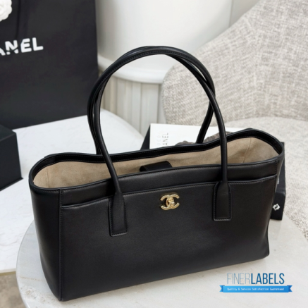 CHANEL Small Shopping Bag  (Black Smooth Calfskin & Gold-Tone Metal)