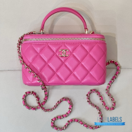 CHANEL Small Rectangular Vanity Case with Top Handle (Fuchsia Quilted Lambskin & Gold-Tone Hardware)