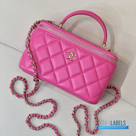 CHANEL Small Rectangular Vanity Case with Top Handle (Fuchsia Quilted Lambskin & Gold-Tone Hardware)