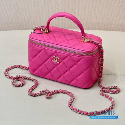 CHANEL Small Rectangular Vanity Case with Top Handle (Fuchsia Quilted Lambskin & Gold-Tone Hardware)