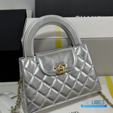 CHANEL Nano Kelly Shopper Bag (Metallic Silver Calfskin & Light Gold Hardware)