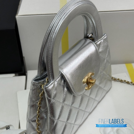CHANEL Nano Kelly Shopper Bag (Metallic Silver Calfskin & Light Gold Hardware)
