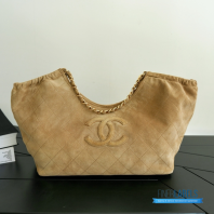 CHANEL Small Neo Cabas Shopping Bag (Dark Beige Suede & Gold-Tone Hardware)