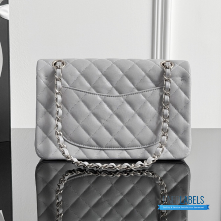 CHANEL Classic Medium Double Flap Bag (Grey Quilted Caviar Grained Calfskin & Silver-Tone Hardware)