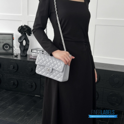 CHANEL Classic Medium Double Flap Bag (Grey Quilted Caviar Grained Calfskin & Silver-Tone Hardware)
